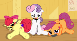 Size: 4304x2300 | Tagged: explicit, grimdark, artist:pyruvate, apple bloom, scootaloo, sweetie belle, anal insertion, arm behind back, ballgag, bloomsub, blushing, bondage, butt, buttplug, chains, clubhouse, crusaders clubhouse, crying, cutie mark crusaders, earth pony, edit, female, females only, femsub, filly, foal, foalcon, g4, gag, implied rape, imported from derpibooru, insertion, nudity, pegasus, plot, pony, ring gag, scootasub, sex toy, submissive, sweetiesub, unicorn, vagina, vaginal secretions, vulva