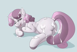 Size: 1280x878 | Tagged: explicit, artist:kevinsano, sweetie belle, blank flank, bukkake, cum, female, foalcon, g4, implied straight, imported from derpibooru, nudity, pony, simple background, solo, solo female, vulva