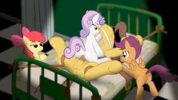 Size: 1920x1080 | Tagged: explicit, grimdark, artist:jepso, apple bloom, scootaloo, sweetie belle, age difference, anus, bad, balls, bed, blindfold, blushing, bondage, butt, carabelle, caramel, cloth gag, cmc foursome, cowgirl position, cutie mark crusaders, earth pony, female, female on male, female on male rape, femdom, filly, foal, foalcon, foaldom, foursome, g4, gag, grin, group sex, horsecock, imported from derpibooru, male, malesub, nudity, pegasus, penis, plot, pony, power bottom, rape, reasonably sized genitals, reverse foalcon, sex, show accurate, show accurate porn, size difference, smiling, spread eagle, stallion on filly, straight, submissive, unicorn, vaginal, vaginal secretions, vector, vulva, wingboner