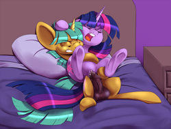 Size: 1280x969 | Tagged: explicit, artist:sb, twilight sparkle, balls, bed, colt, colt on mare, dead source, eyes closed, female, foal, foalcon, g4, gritted teeth, hooves, horn, horsecock, imported from derpibooru, male, mare, nudity, open mouth, penetration, penis, pillow, pony, reverse cowgirl, reverse foalcon, sex, ship:twisnails, shipping, snails, straight, straight shota, teeth, underhoof, unicorn, unicorn twilight, vaginal, vaginal secretions, vulva