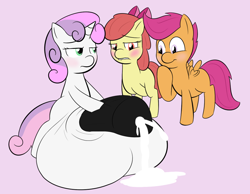 Size: 946x735 | Tagged: explicit, artist:lamia, apple bloom, scootaloo, sweetie belle, balls on floor, blushing, clopping, cum, cutie mark crusaders, foalcon, futa, futa sweetie belle, g4, hyper, hyper balls, imported from derpibooru, impossibly large balls, intersex, lamia did it again, masturbation, nudity, penis, puddle, squirting, sweetie balls, wingboner