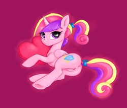 Size: 1280x1098 | Tagged: explicit, artist:justpony, adorasexy, alicorn, anus, butt, casual nudity, cute, cute porn, cutedance, female, foalcon, g4, genitals, heart, heart pillow, horn, human vulva on pony, imported from derpibooru, looking at you, looking back, lovebutt, multicolored hair, multicolored tail, nudity, on side, pillow, plot, pony, ponytail, princess cadance, purple eyes, sexy, smiling, solo, solo female, tail bow, teen princess cadance, underhoof, vulva, wings