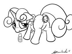 Size: 900x675 | Tagged: questionable, artist:gavalanche, sweetie belle, anal insertion, blushing, butt, cork, female, foalcon, g4, imminent diarrhea, implied diarrhea, imported from derpibooru, insertion, monochrome, need to poop, plot, pony, solo, solo female, sweetiepoo, this will end in death, this will end in tears, this will end in tears and/or death