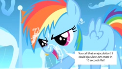 Size: 1280x720 | Tagged: explicit, rainbow dash, cum, edit, facial, female, filly, filly rainbow dash, foal, foalcon, g4, image macro, implied straight, imported from derpibooru, pony, solo, solo female