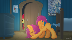 Size: 1280x720 | Tagged: explicit, artist:syoee b, apple bloom, scootaloo, blank flank, caught, dildo, earth pony, female, females only, filly, foal, foalcon, g4, imported from derpibooru, masturbation, nudity, pegasus, pony, sex toy, show accurate, show accurate porn, vaginal secretions, voyeurism, wingboner, wonderbolts poster