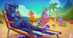 Size: 5121x2730 | Tagged: questionable, artist:sugarlesspaints, princess luna, alicorn, alternate version, anthro, arm behind head, armpits, banned from derpibooru, barefoot, beach, beach chair, belly, belly button, between dark and dawn, breasts, busty princess luna, busty winter lotus, casual nudity, chair, clothes, cocktail umbrella, complete nudity, crazy straw, drink, earth pony, eye clipping through hair, feet, female, fetish, food, foot fetish, fruit, g4, horn, imported from twibooru, jewelry, lolicon, looking at you, milf, nail polish, nipples, nude beach, nudity, outdoors, palm tree, pineapple, plantigrade anthro, sandcastle, smiling, smiling at you, stupid sexy princess luna, sugar stix, sunglasses, swimsuit, tail, tender brush, thighs, toe ring, toenail polish, toenails, toes, tree, trio, trio female, underage, winter lotus