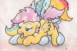 Size: 1031x684 | Tagged: questionable, artist:slightlyshade, rainbow dash, scootaloo, analingus, analingus on female, blushing, female, foalcon, g4, imported from derpibooru, lesbian, looking pleasured, mare on filly, oral, pegasus, pony, sex, ship:scootadash, shipping, softcore, tongue out, traditional art