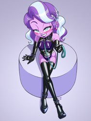 Size: 1200x1600 | Tagged: questionable, artist:shaxbert, diamond tiara, banned from derpibooru, blue eyes, blushing, bondage, bondage cuffs, bondage gear, breasts, clothes, collar, crossed legs, cuffs, cutie mark accessory, dark nipples, delicious flat chest, ear piercing, earring, equestria girls, erect nipples, eyelashes, female, females only, gloves, human, humanized, imported from twibooru, jewelry, latex, latex boots, latex bra, latex gloves, latex panties, leash, leashed collar, lidded eyes, lipstick, lolicon, looking at you, looking up, looking up at you, mons pubis, nipple outline, nipples, nudity, offering, piercing, ponytail, purple nipples, sitting, small breasts, smiling at you, solo, underage, vulva blush, vulva outline, zipper