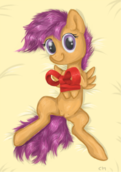 Size: 1250x1775 | Tagged: explicit, artist:cynicalmoose, scootaloo, crotchboobs, female, foalcon, g4, imported from derpibooru, nipples, nudity, on back, pegasus, pony, ribbon, solo, solo female, teats, vagina