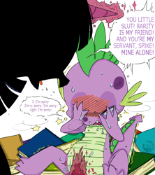 Size: 819x921 | Tagged: explicit, grimdark, artist:reavz, spike, twilight sparkle, abuse, angry, bitchlight sparkle, blushing, cbt, child abuse, colored, crying, dragon, exploding penis, femdom, foalcon, g4, genital torture, gore, horn, implied rarity, imported from derpibooru, male, pony, poor spike, punishment, source needed, spikeabuse, spikesub, sweat, torture, twidom, unicorn, wingless spike