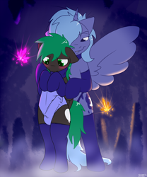 Size: 1500x1800 | Tagged: questionable, artist:php199, princess luna, oc, oc:sukotto, alicorn, bedroom eyes, bipedal, blushing, canon x oc, choker, clothes, collar, colt, crossdressing, crotch bulge, dead source, earth pony, female, foal, foalcon, g4, gloves, grin, height difference, hug, imported from derpibooru, legwear, leotard, lunaughty, male, mare, naughty luna, panties, penis, pony, s1 luna, semi-anthro, shipping, smiling, socks, spread wings, stockings, straight, straight shota, thigh highs, underwear, wings