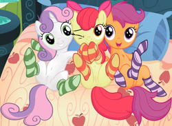 Size: 2860x2091 | Tagged: explicit, artist:illuminatiums, apple bloom, scootaloo, sweetie belle, adorabloom, anatomically correct, anus, armpits, belly button, chest fluff, clothes, cute, cutealoo, cutie mark crusaders, diasweetes, edit, female, females only, foal, foalcon, g4, genitals, high res, imported from derpibooru, legwear, nudity, on back, ponut, socks, thigh highs, vulva