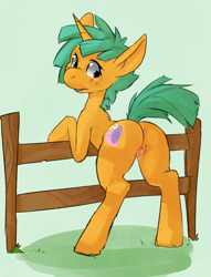 Size: 754x989 | Tagged: explicit, artist:leosaeta, artist:seth-iova, anus, female, fence, foalcon, g4, imported from derpibooru, nudity, pony, rear view, rule 63, snails, solo, solo female, spice, unicorn, vagina, vaginal secretions, vulva