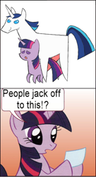 Size: 413x761 | Tagged: explicit, grimdark, artist:boggle, shining armor, twilight sparkle, 2 panel comic, age difference, ambiguous penetration, brother and sister, clopping meme, comic, edit, exploitable meme, female, filly, foal, foalcon, g4, implied masturbation, imported from derpibooru, incest, male, meme, nudity, open mouth, penetration, penis, people jack off to this?, pointy ponies, pony, rape, sex, ship:shiningsparkle, siblings, simple background, size difference, smiling, stallion, stallion on filly, straight, twicest, unicorn, unicorn twilight, white background, younger