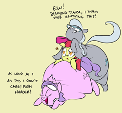 Size: 845x780 | Tagged: questionable, artist:ross irving, apple bloom, diamond tiara, silver spoon, colored sketch, crushing, earth pony, fat, female, foalcon, g4, glasses, imported from derpibooru, lesbian, obese, pony, ship:applespoon, ship:diamondbloom, shipping, silverdiamondbloom, squashing, stuck, teasing