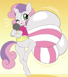 Size: 1691x1917 | Tagged: suggestive, artist:angstrom, sweetie belle, anthro, banned from derpibooru, big breasts, breasts, busty sweetie belle, child, clothes, dancing, equestria girls outfit, female, grin, huge breasts, hyper, hyper breasts, imported from twibooru, impossibly large breasts, lolicon, microphone, microskirt, oppai loli, panties, simple background, skirt, smiling, solo, solo female, underage, underwear, unguligrade anthro, unicorn, yellow background