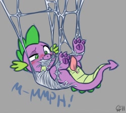 Size: 800x718 | Tagged: explicit, artist:cobaltsynapse, spike, bondage, cloaca, dragon, foalcon, g4, gag, imported from derpibooru, male, nudity, paw pads, penis, solo, solo male, spider web, suspended, web gag, wingless spike