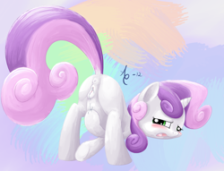 Size: 960x733 | Tagged: explicit, artist:a6p, sweetie belle, anus, ass up, blushing, butt, face down ass up, female, foalcon, g4, imported from derpibooru, masturbation, nudity, plot, pony, presenting, presenting butt, solo, solo female, vaginal secretions, vulva