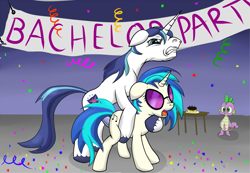 Size: 1137x789 | Tagged: explicit, artist:ragingsemi, shining armor, spike, ambiguous penetration, bachelor party, confetti, dj pon-3, doggy style, dragon, duo focus, erection, exhibitionism, faic, fangs, female, floppy ears, foalcon, from behind, g4, glare, gritted teeth, imported from derpibooru, infidelity, infidelity armor, male, mare, nudity, open mouth, party, penis, pony, public sex, sex, ship:shiningscratch, shipping, smiling, stallion, straight, trio, unicorn, vinyl scratch, voyeurism