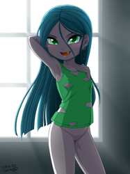 Size: 2620x3500 | Tagged: explicit, artist:uotapo, queen chrysalis, arm behind head, banned from derpibooru, bottomless, child, clothes, equestria girls, female, g4, human, humanized, imported from twibooru, lolicon, nudity, partial nudity, solo, solo female, underage, vulva, window, younger