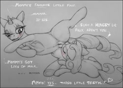 Size: 812x582 | Tagged: explicit, artist:ecmajor, rarity, sweetie belle, ask lil miss rarity, belle sisters, breastfeeding, crotchboobs, female, filly, foal, foalcon, g4, horn, imported from derpibooru, incest, lactation, lesbian, lil miss rarity, mare, mare on filly, milk, nipples, nudity, pony, raricest, ship:raribelle, shipping, siblings, sisters, suckling, teats, unicorn
