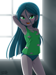 Size: 2620x3500 | Tagged: questionable, artist:uotapo, queen chrysalis, arm behind head, banned from derpibooru, cameltoe, child, clothes, equestria girls, erect nipples, female, g4, holes in clothes, imported from twibooru, lolicon, nipple outline, panties, solo, solo female, tanktop, underage, underwear, window, younger