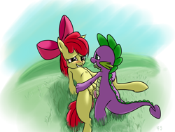 Size: 1600x1200 | Tagged: explicit, artist:sharpy, apple bloom, spike, alternate version, baby dragon on filly, blushing, crotchboobs, dragon, dragon on pony action, female, foalcon, g4, grass, imported from derpibooru, interspecies, male, nipples, nudity, penetration, penis, pony, sex, ship:spikebloom, shipping, spread legs, spreading, straight, teats, vaginal, vulva
