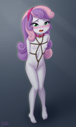 Size: 2409x3993 | Tagged: explicit, artist:uotapo, sweetie belle, banned from derpibooru, blushing, bondage, child, equestria girls, female, imminent sex, imported from twibooru, lolicon, nipples, nudity, rope, rope bondage, solo, solo female, sweetiesub, underage