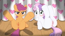 Size: 1183x657 | Tagged: explicit, artist:zed001, scootaloo, sweetie belle, anus, blushing, butt, female, foalcon, g4, imported from derpibooru, legs in air, looking at you, nudity, pegasus, plot, pony, presenting, presenting butt, show accurate, show accurate porn, spread legs, unicorn, vulva