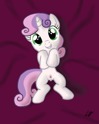Size: 480x600 | Tagged: explicit, sweetie belle, female, foalcon, g4, genitals, imported from derpibooru, nudity, on back, pony, solo, solo female, vagina, vaginal secretions, vulva