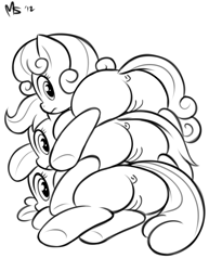 Size: 1041x1347 | Tagged: explicit, artist:megasweet, apple bloom, scootaloo, sweetie belle, adorabloom, anus, butt, cute, cute porn, cutealoo, cutie mark crusaders, diasweetes, female, filly, filly on filly, foal, foalcon, g4, genitals, imported from derpibooru, monochrome, nudity, plot, plot pile, pony, vulva