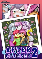 Size: 1280x1804 | Tagged: suggestive, artist:anibaruthecat, apple bloom, diamond tiara, scootaloo, silver spoon, sweetie belle, comic:after classes 2, banned from derpibooru, blushing, clothes, equestria girls, female, imported from twibooru, lolicon, underage