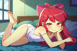 Size: 2304x1536 | Tagged: suggestive, apple bloom, adorabloom, adorasexy, ai content, ai generated, apple bloom's bow, banned from derpibooru, barefoot, bed, bow, camisole, child, clothes, cute, equestria girls, feet, female, hair bow, human, humanized, imported from twibooru, lolicon, looking at you, morning, panties, prompter:drpeeper d fresa, resting, sexy, underage, underwear