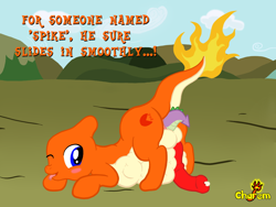 Size: 1200x900 | Tagged: explicit, spike, anal vore, artist needed, balls, belly, charmeleon, cum, dialogue, duo, fetish, foalcon, g4, gay, imported from derpibooru, interspecies, male, males only, nudity, penis, pokémon, spikeprey, tail sticking out, vore