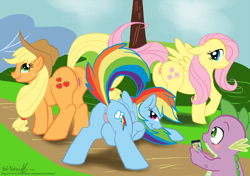 Size: 800x563 | Tagged: explicit, artist:yaoifairy, applejack, fluttershy, rainbow dash, spike, anus, blushing, butt, cellphone, dragon, earth pony, female, flutterbutt, foalcon, g4, imported from derpibooru, male, mare, nudity, pegasus, phone, plot, pony, presenting, presenting butt, smartphone, voyeur, voyeurism, vulva