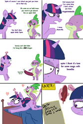Size: 800x1200 | Tagged: explicit, artist:weaver, spike, twilight sparkle, ahegao, baby dragon on mare, blush sticker, blushing, comic, dear princess celestia, dragon, dragon on pony action, faic, female, foalcon, friends with benefits, g4, heart, horn, hornboner, imported from derpibooru, interspecies, letter, male, nudity, penis, pony, reverse foalcon, sex, ship:twispike, shipping, simple background, straight, sweat, talking penis, white background