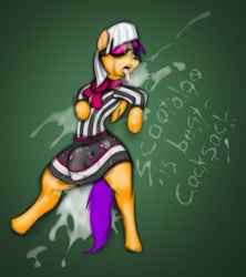 Size: 847x953 | Tagged: explicit, artist:lil miss jay, photo finish, scootaloo, bukkake, clothes, cosplay, costume, crotch bulge, cum, earth pony, erection, filly, foal, foalcon, futa, futa photo finish, futa scootaloo, g4, glasses, imported from derpibooru, intersex, nudity, penis, semi-anthro, skirt, skirt boner, solo, solo futa, tenting