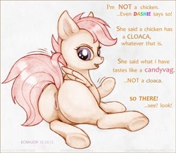 Size: 689x602 | Tagged: explicit, artist:ecmajor, scootaloo, anus, butt, candy vag, crotchboobs, dialogue, female, foalcon, g4, hentai quotes, hooves, implied cunnilingus, implied lesbian, implied oral, implied sex, imported from derpibooru, looking back, nipples, nudity, pegasus, plot, ponut, pony, prone, raised tail, scootachicken, solo, solo female, underhoof, vulva