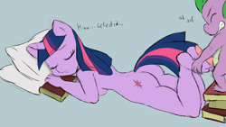 Size: 2560x1440 | Tagged: explicit, artist:sweethd, spike, twilight sparkle, anthro, ass, baby dragon on mare, barefoot, blue background, book, breasts, butt, dialogue, dragon, duo, eyes closed, feet, female, foalcon, foot fetish, footjob, g4, gritted teeth, imported from derpibooru, interspecies, male, nudity, penis, pillow, plantigrade anthro, prone, reverse foalcon, ship:twispike, shipping, simple background, sleeping, somnophilia, straight, unf
