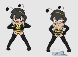 Size: 1937x1410 | Tagged: questionable, artist:permpony, oc, oc:anonfilly, animal costume, banned from derpibooru, bedroom eyes, bee costume, breasts, clothes, costume, delicious flat chest, female, gloves, human, humanized, imported from twibooru, leotard, lolicon, long gloves, long socks, nipples, nudity, oc only, small breasts, smiling, underage, water, water balloon