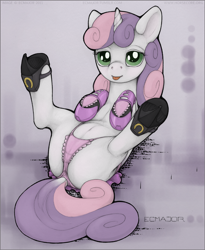 Size: 733x895 | Tagged: questionable, artist:ecmajor, sweetie belle, belly, belly button, butt, cameltoe, clothes, dock, female, foalcon, g4, high heels, imported from derpibooru, legs in air, lingerie, looking at you, on back, panties, plot, pony, presenting, presenting butt, solo, solo female, spread legs, tail, tail hole, tongue out, underwear, unicorn