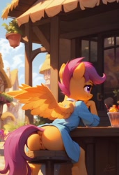 Size: 2496x3648 | Tagged: explicit, scootaloo, ai content, ai generated, anthro, anus, banned from derpibooru, bottomless, butt, casual nudity, clothes, dock, drink, exhibitionism, facing away, female, generator:pony diffusion v6 xl, imported from twibooru, leaning, leaning forward, lolicon, nudity, partial nudity, prompter:madlyirrelevant, public exposure, public nudity, scootabutt, shirt, sitting, tail, underage, vulva, winged anthro, wings