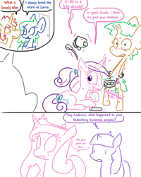 Size: 800x1000 | Tagged: explicit, artist:weaver, twilight sparkle, oc, babysitting, bipedal, blushing, bondage, camera, caught, clothes, comic, cum, dildo, dressup, facial, female, foalcon, g4, horn, implied blowjob, implied oral, implied sex, imported from derpibooru, male, mare, parent, pony, princess cadance, sex toy, shipping, simple background, snails, snails's mom, straight, straight shota, sweat, underwear, unicorn, weaver you magnificent bastard, white background
