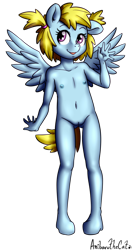Size: 1347x2550 | Tagged: explicit, artist:anibaruthecat, oc, oc:cloud cuddler, anthro, banned from derpibooru, child, female, imported from twibooru, lolicon, nudity, pegasus, semi-anthro, simple background, solo, solo female, transparent background, underage, vulva