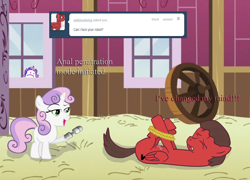 Size: 2848x2048 | Tagged: explicit, sweetie belle, oc, oc:bloodwing, oc:twilight panda, anal, anal probe, barn, blank flank, canon x oc, dildo, eyes closed, female, female on male, filly, filly on colt, filly on stallion, foal, foalcon, g4, high res, hooves, horn, horsecock, imminent rape, imminent sex, implied probing, imported from derpibooru, lying down, male, mspaintponies, nudity, on back, open mouth, pegasus, penis, pony, pony on pony action, probe, reverse foalcon, robot, robot pony, sex toy, stallion, standing, straight, sweetie bot, tied, tumblr, unicorn, window