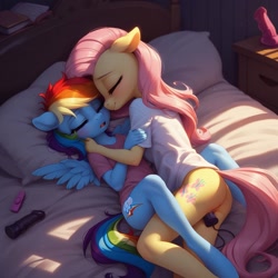 Size: 1024x1024 | Tagged: explicit, fluttershy, rainbow dash, aged down, ai content, ai generated, anthro, banned from derpibooru, bed, bottomless, clothes, cuddling, cute, cute porn, dildo, female, flutterdash, generator:pony diffusion v6 xl, imported from twibooru, insertion, lesbian, lolicon, nudity, on bed, partial nudity, prompter:madlyirrelevant, sex toy, shipping, sleeping, tail, underage, unguligrade anthro, vaginal insertion, vibrator, vulva, winged anthro, wingless, wingless anthro, younger