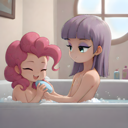 Size: 4096x4096 | Tagged: questionable, pinkie pie, ai generated, banned from derpibooru, bath, bathing together, bathroom, casual nudity, cute, female, generator:pony diffusion v6 xl, human, humanized, imported from twibooru, lolicon, maud pie, nipples, nudity, prompter:パイ, siblings, sisters, soap, underage, younger