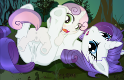 Size: 1604x1031 | Tagged: explicit, artist:buttercupsaiyan, rarity, sweetie belle, anus, butt, female, females only, filly, foal, foalcon, g4, horn, imported from derpibooru, incest, lesbian, mare, mare on filly, nudity, plot, pony, raricest, ship:raribelle, shipping, unicorn, vulva