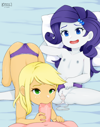 Size: 2500x3170 | Tagged: explicit, artist:oozutsucannon, applejack, rarity, afterglow, alternate hairstyle, banned from derpibooru, bed, belly button, blowjob, breasts, butt freckles, clothes, creampie, cum, cutie mark hair accessory, delicious flat chest, equestria girls, female, freckles, group sex, human, humanized, imported from twibooru, light skin, lolicon, male, nipples, nudity, on bed, open smile, oral, panties, panties pulled aside, penetration, penis, pillow, purple panties, sex, shoulder freckles, signature, straight, thong, threesome, underage, underwear, vaginal secretions, vulva, younger