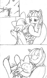 Size: 547x900 | Tagged: explicit, artist:tg-0, spike, twilight sparkle, baby dragon on mare, blood, comic, crotchboobs, defloration, dragon, dragon on pony action, eyes closed, female, foalcon, g4, hug, imported from derpibooru, interspecies, lying down, lying on top of someone, male, missionary position, monochrome, nipples, nudity, open mouth, penis, pillow, pony, sex, ship:twispike, shipping, sketch, smiling, straight, teats, unicorn, unicorn twilight, vaginal, virgin